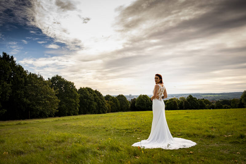 Bride on our beautiful Canterbury campus with the Cathedral in the background
