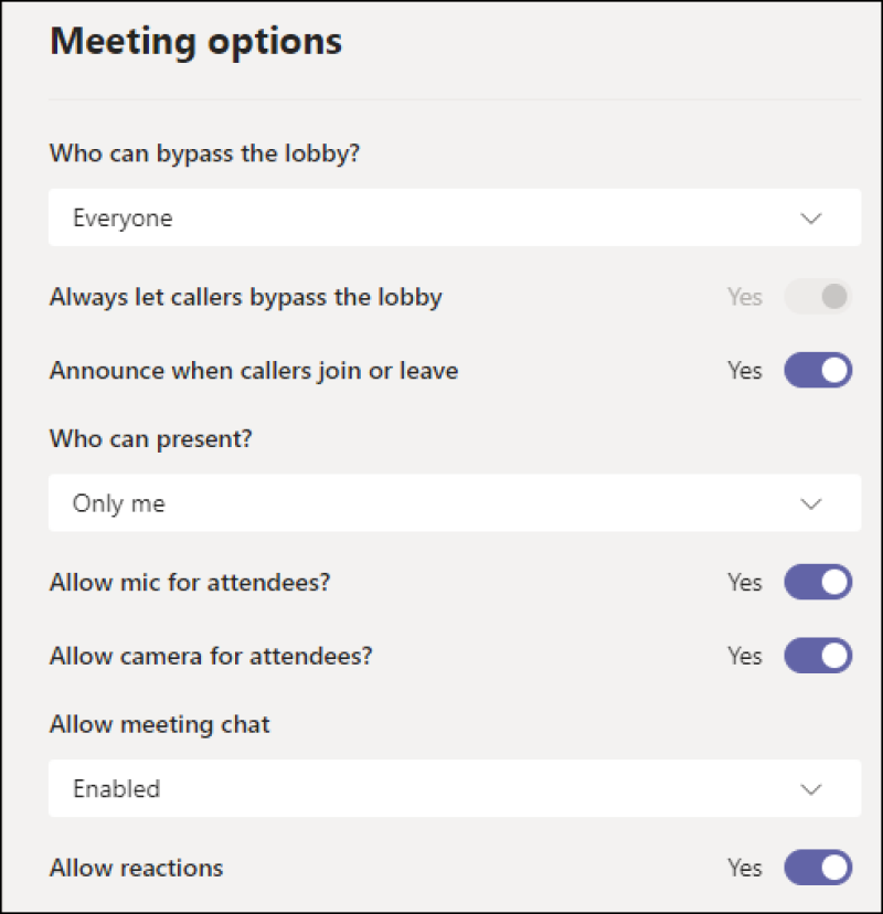 Lobby options: Who can bypass the lobby? Let callers bypass the lobby; Announce when callers join or leave; Who can present?