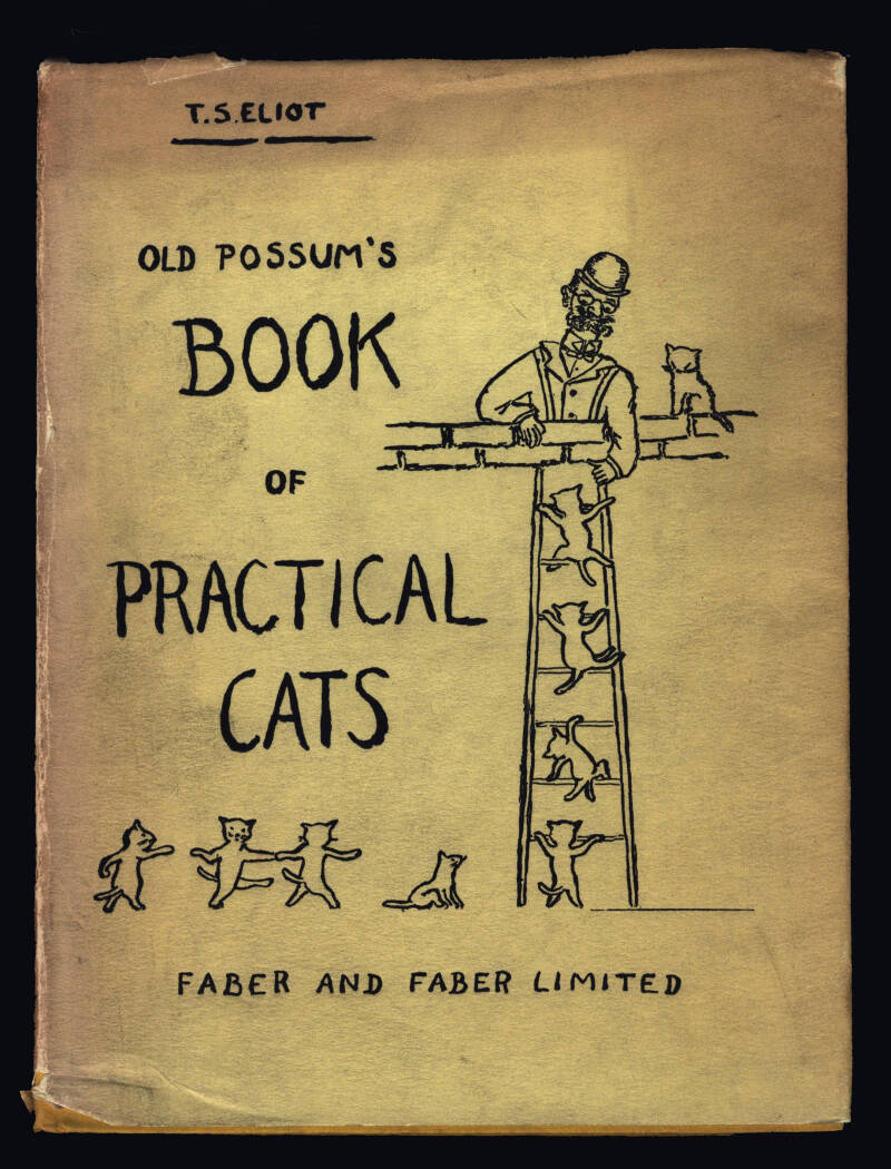 A colour scan of the book cover of T.S. Eliot's 'Practical Cats'. A yellow cover with an image of cats climbing a ladder.