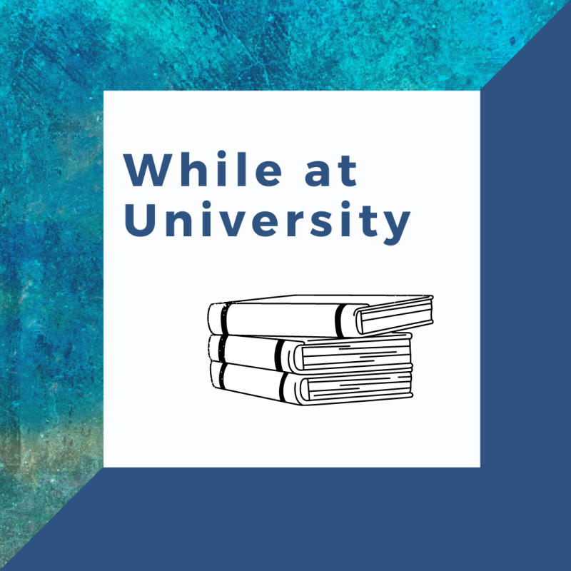 'While at University' title with a two-tone blue background and a black and white outline drawing of books.