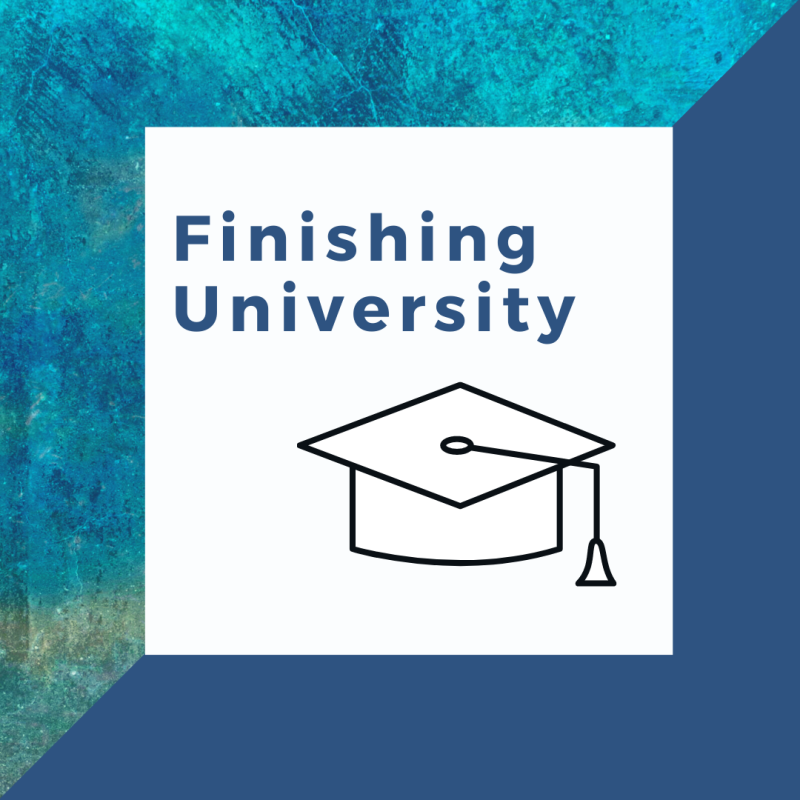 'Finishing University' title with a two-tone blue background and a black and white outline drawing of a graduation hat.