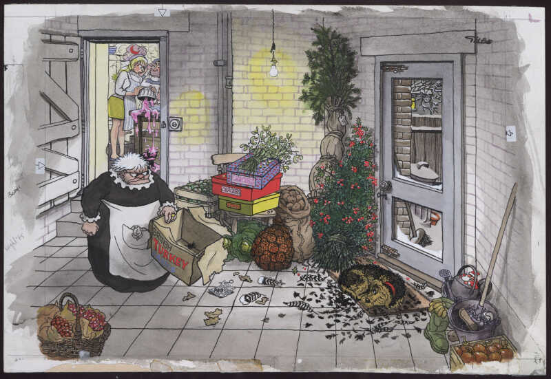 Colour cartoon: Grandma holding a empty box labelled 'turkey' looking suspiciously at Butch the dog who sleeps near feathers