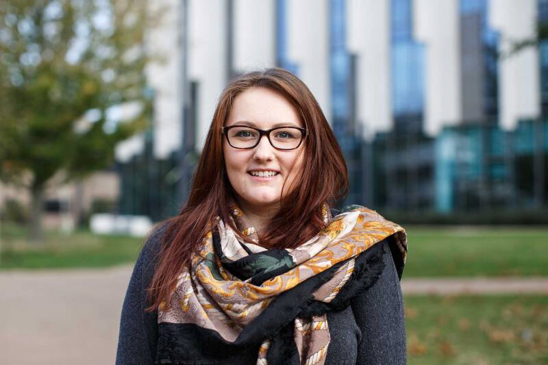 Rebecca Pope outside the Templeman Library