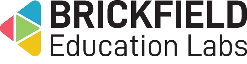 Brickfield Education Labs logo, of a triangle made up of four triangles in red, green, yellow and blue, play button shape.