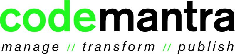 Codemantra logo: 'code' in green, 'mantra' in black, 'manage', 'transform' and 'publish' directly underneath.