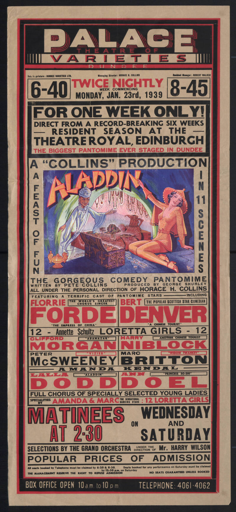 A playbill for Aladdin at the Palace Theatre of Varieties on January 23rd, 1939, with an illustration of a genie with Aladdin