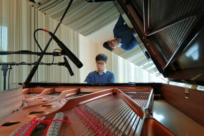 Image of pianist at a grand piano taken across the piano-strings