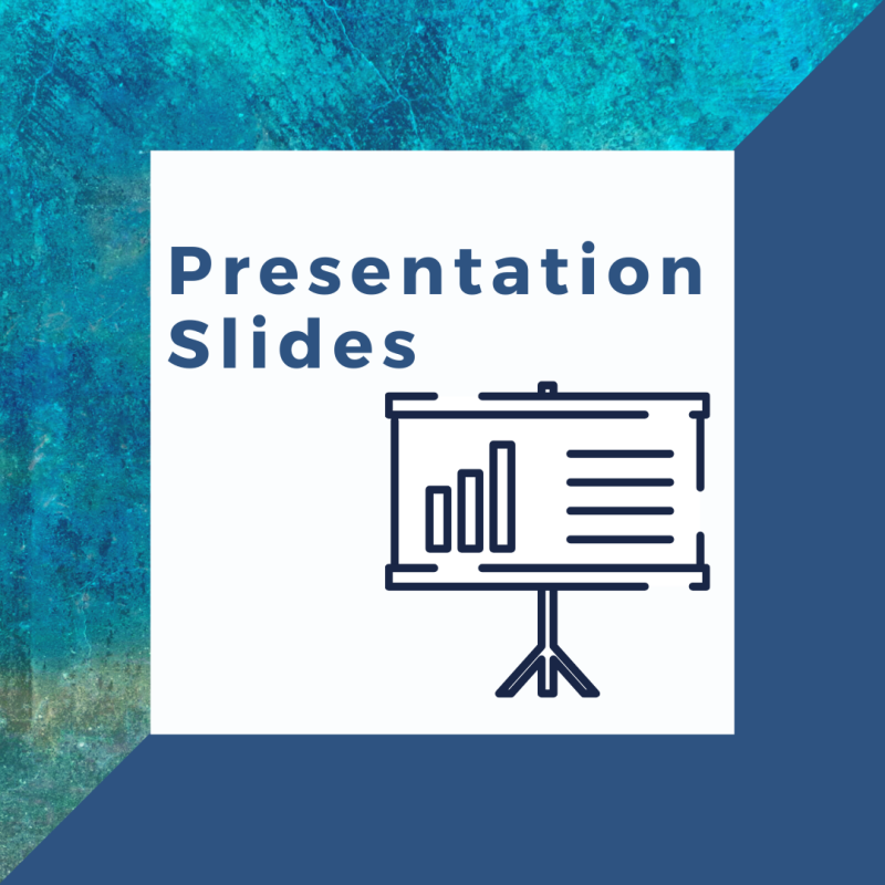 Blue and turquoise background with the title 'Presentation Slides' and an image of a presentation stand with a bar chart.