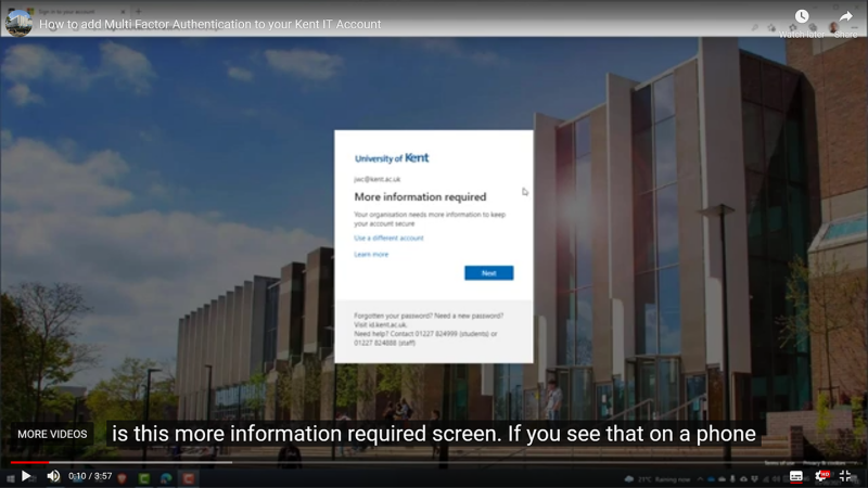 Video shows using the Authenticator app on your phone and signing in to your Kent Account with a laptop or PC