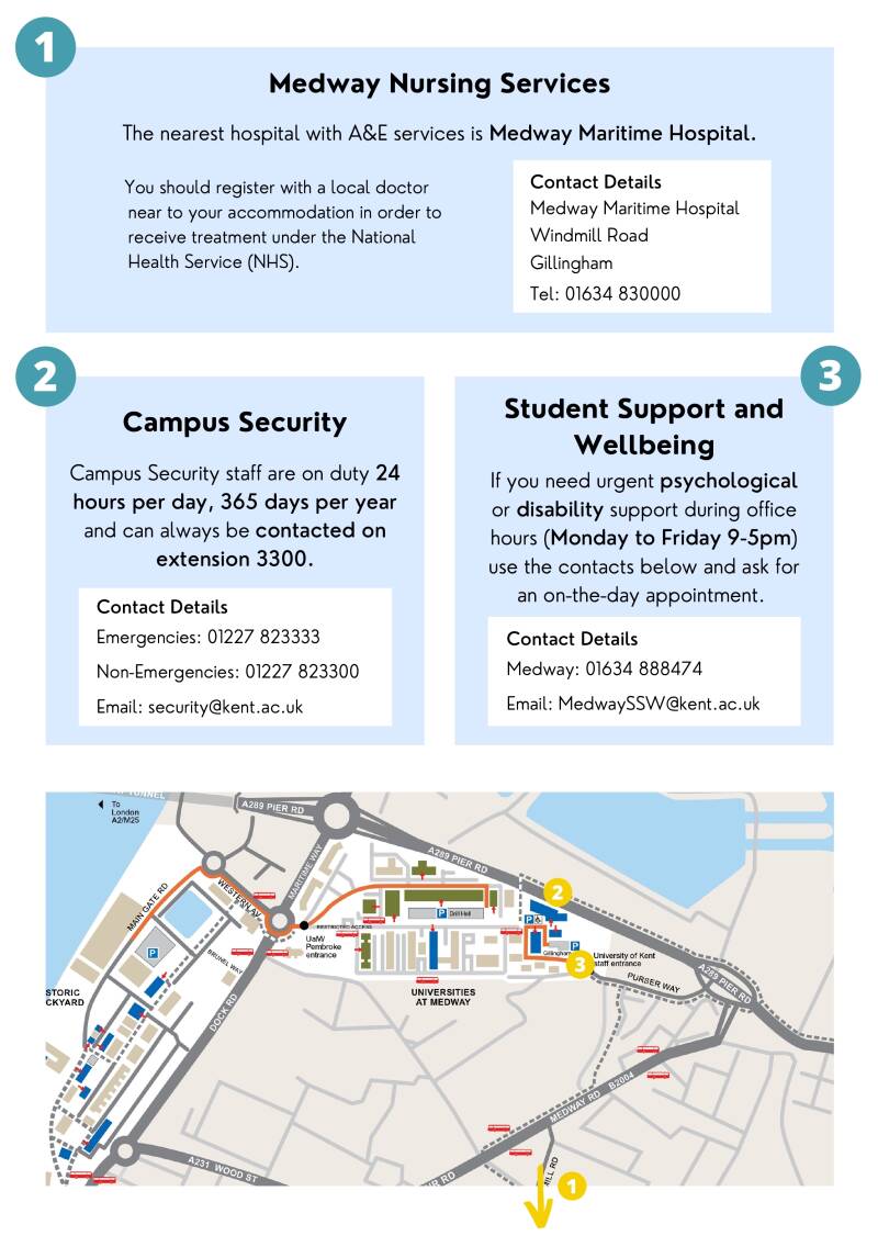map of medway campus with details on how to find emergency services, alternative text in full below