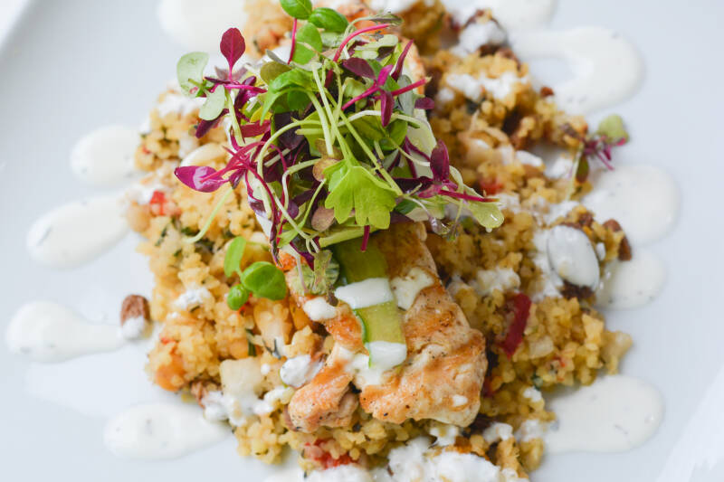 Couscous salad with grilled salmon and micro herbs