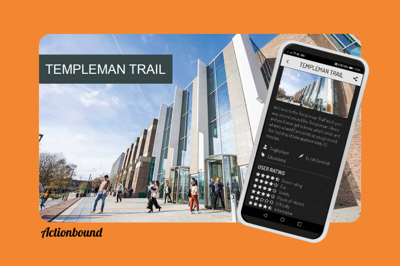 Templeman Library background image with mobile phone overlay