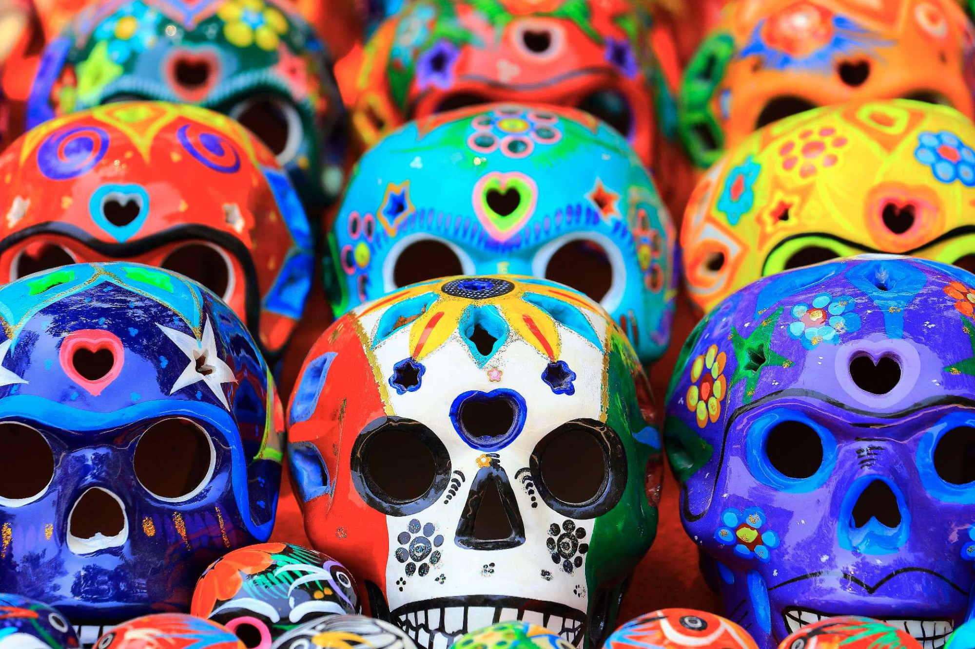 Colourful painted skulls produced for the Day of the Dead on display in Mexico City
