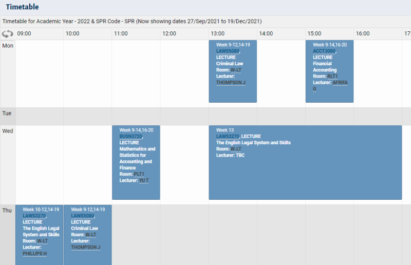 Timetable view for selected period