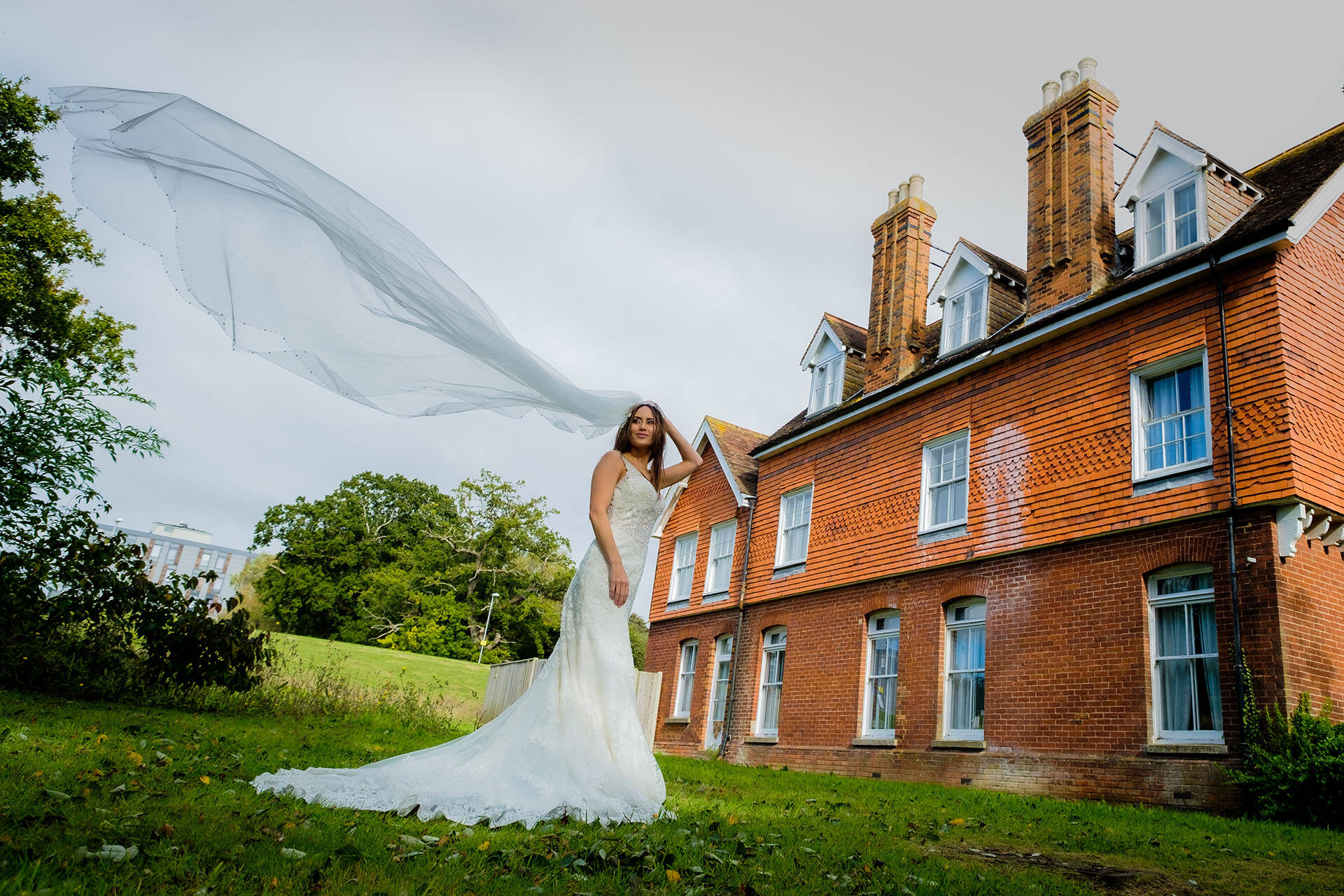 Bride outside Beverley Farmhouse