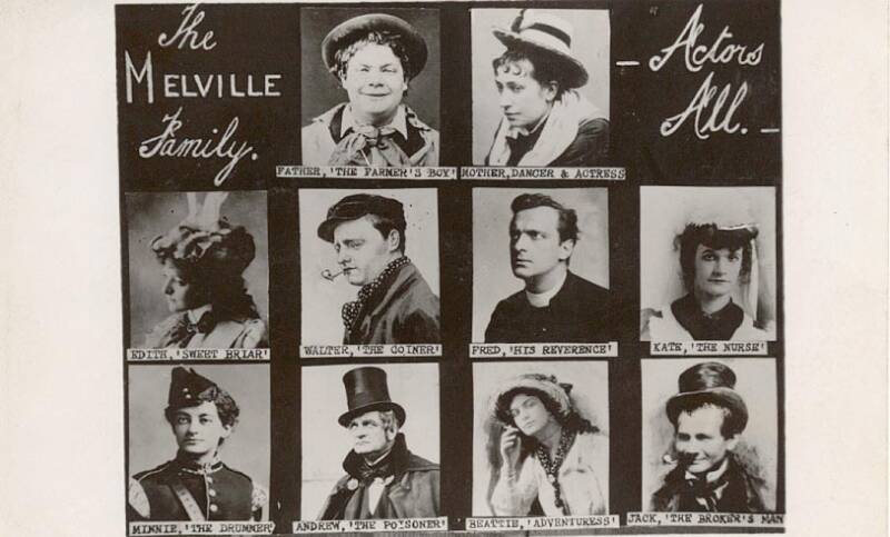 A collage of photographs of the Melville family, in costume.