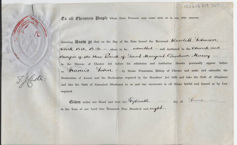 Document declaring Hewlett John's admission into St. Margaret's, Dunham Massey, Altrincham