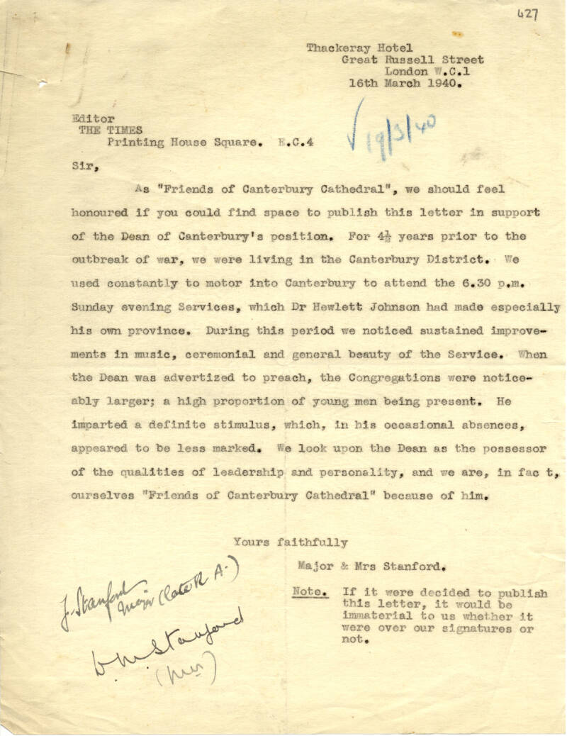 Letter written in support of Hewlett Johnson, March 1940