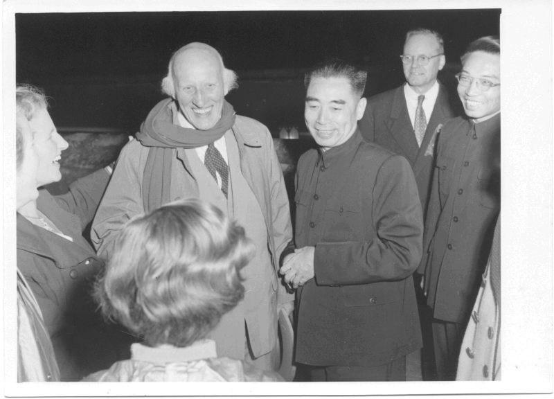 Photograph of Hewlett Johnson meeting people on a visit to China, 1956
