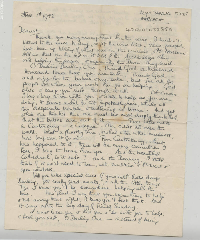 Letter from Nowell (living in Aarlech) to Hewlett (in Canterbury), 1942