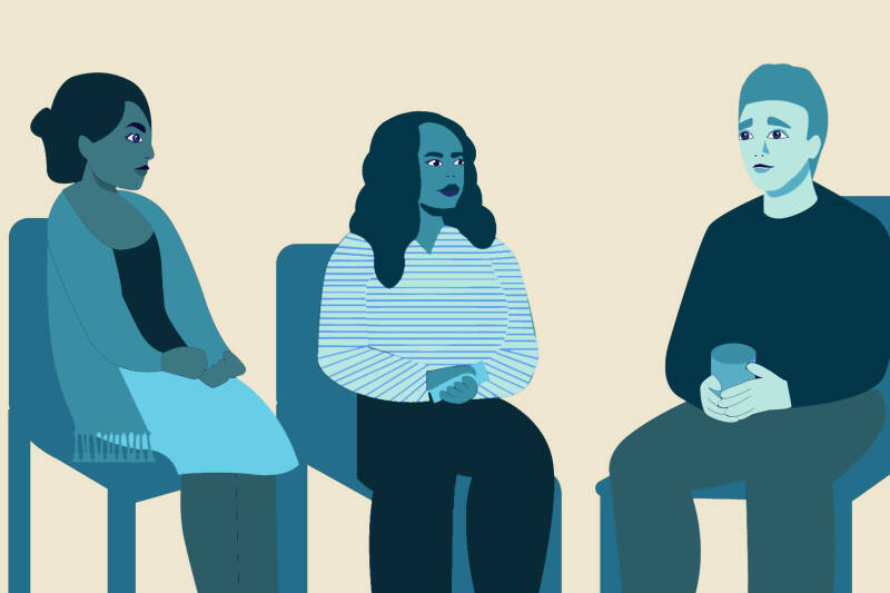 Cartoon of three people sitting and talking.