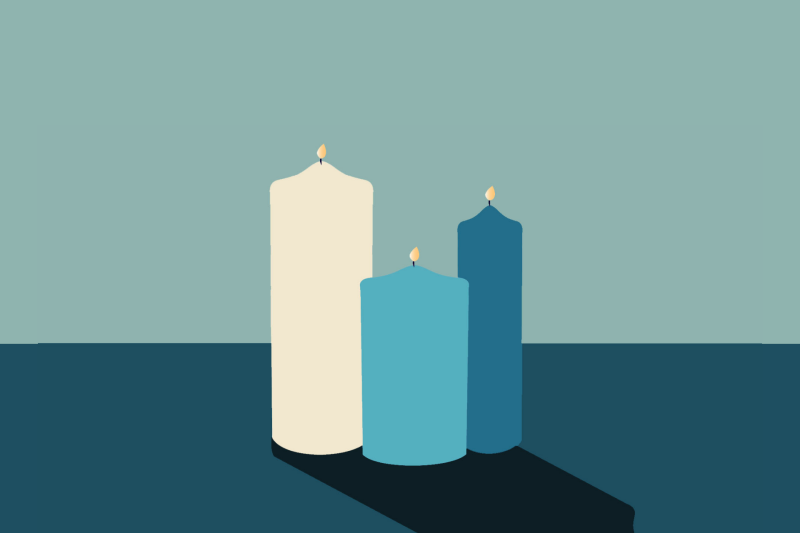 Cartoon of three candles, in different tones of blue and cream.