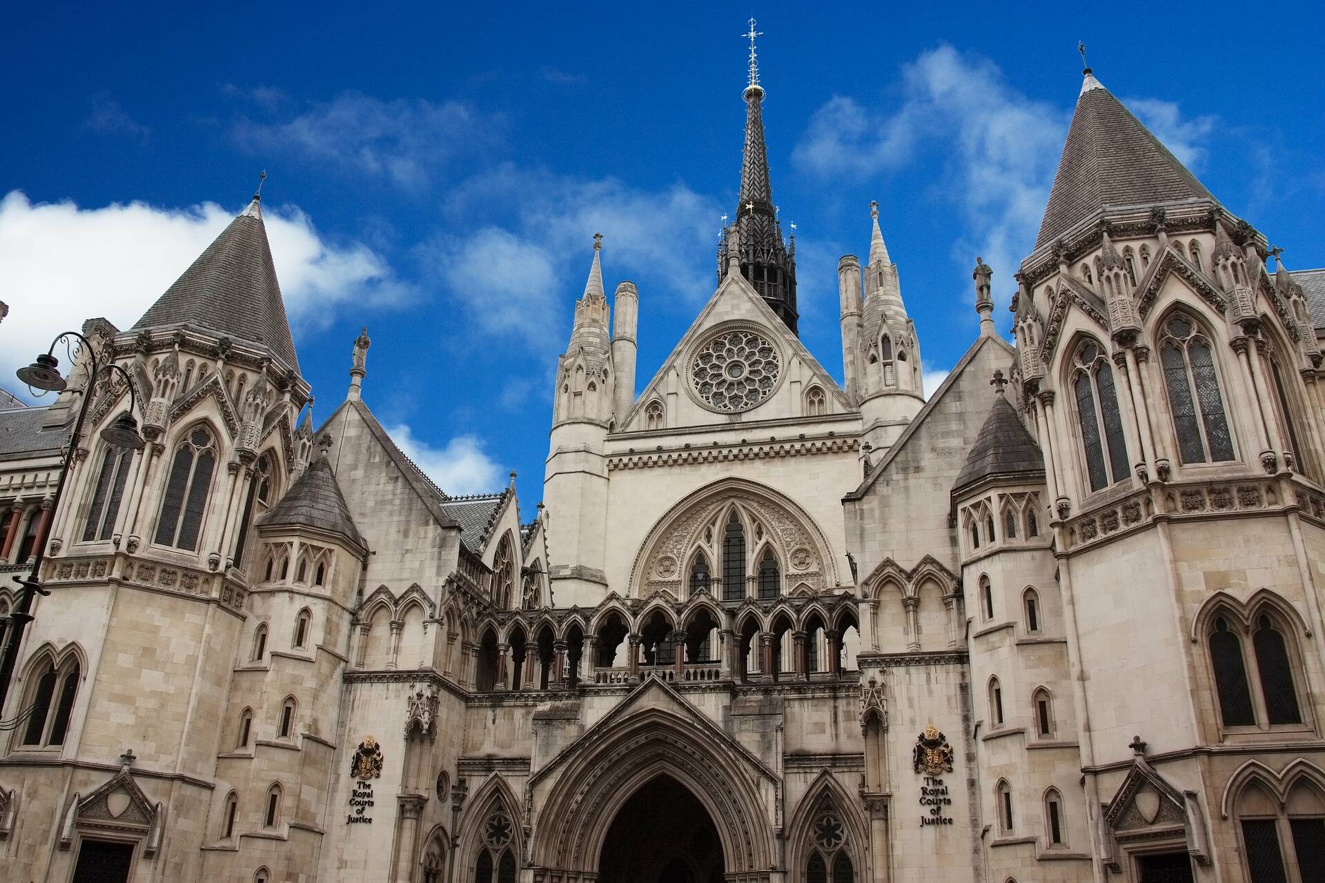 The front entrance to the Royal Courts of Justice building in London