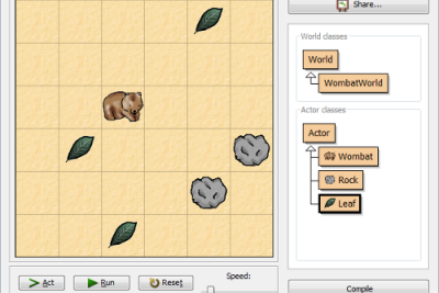 A habitat created on Greenfoot, consisting of squares with leaves, rocks and a wombat in them.