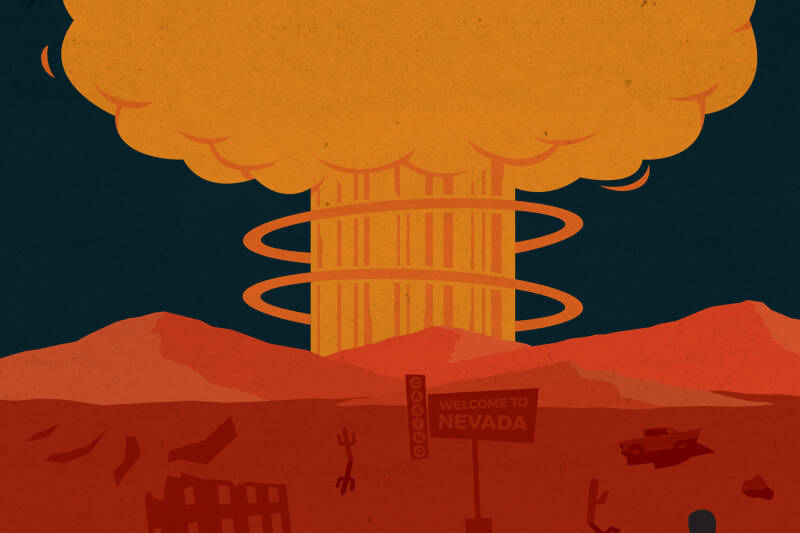 Illustration of an atomic explosion in the Nevada desert
