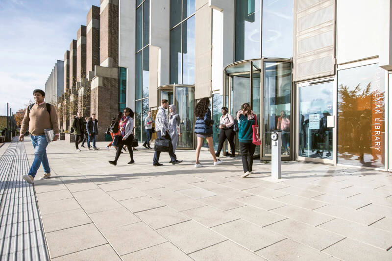 Students entering Templeman Library