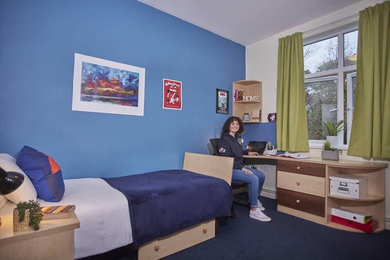 Female student working at desk in Darwin House bedroom
