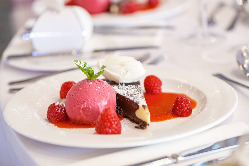 Chocolate cheesecake with berry sorbet