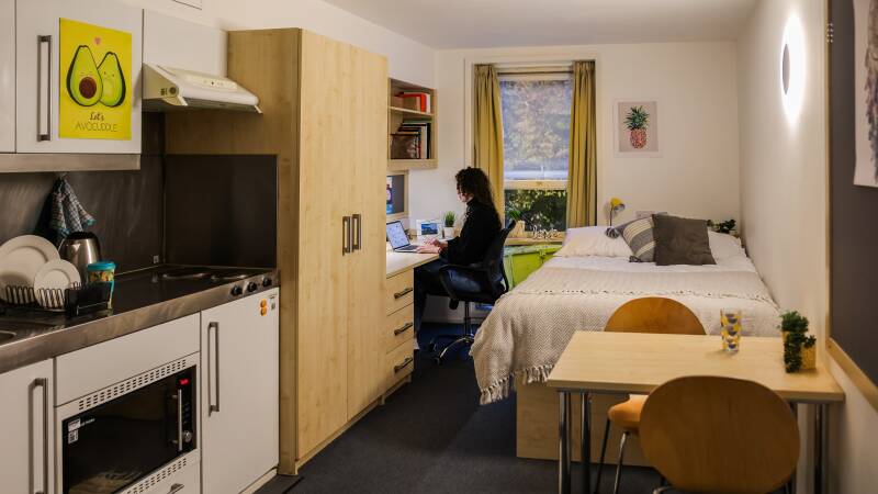 Woolf Studio Flat with female student working at desk