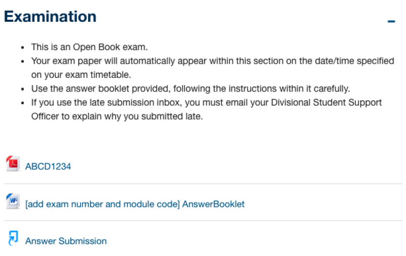 A screenshot with an example examination section in Moodle, showing exam paper, answer booklet and submission inbox.