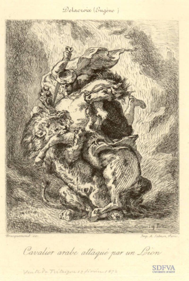 Cavalier arabe attaqué par un Lion, after Eugene Delacroix