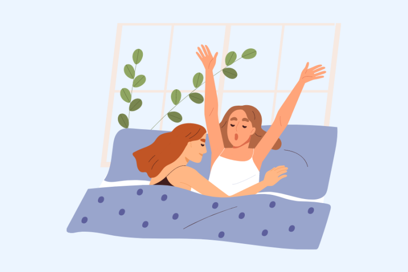 Cartoon image of two people in a bed; one stretching while the other hugs them.