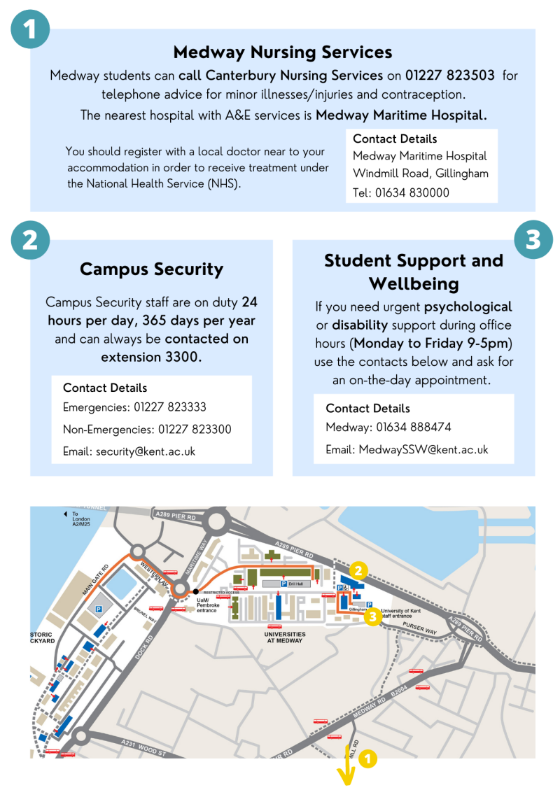 map of medway campus with details on how to find emergency services, alternative text in full below
