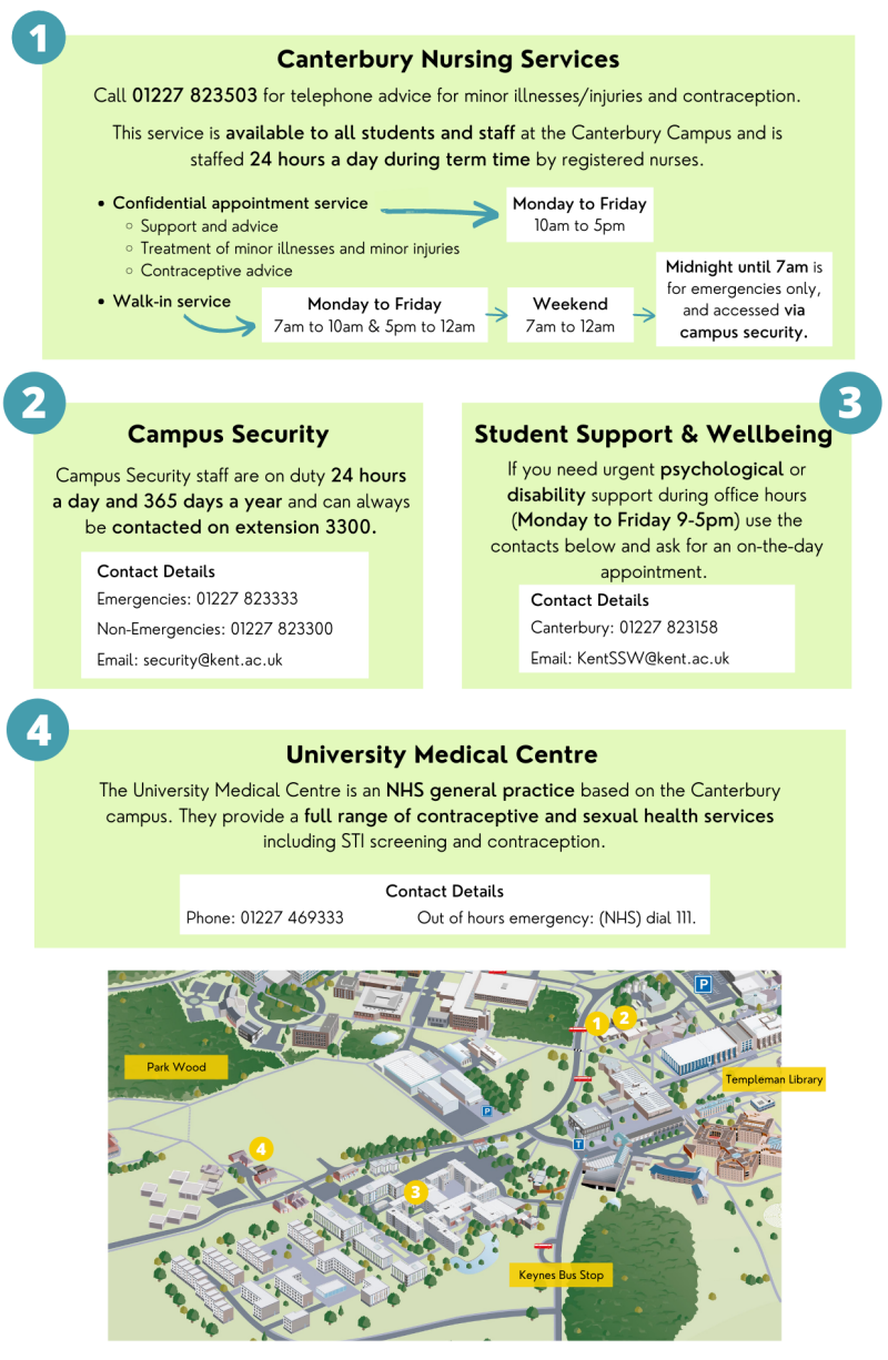 map of Canterbury campus with details on how to find emergency services, alternative text in full below