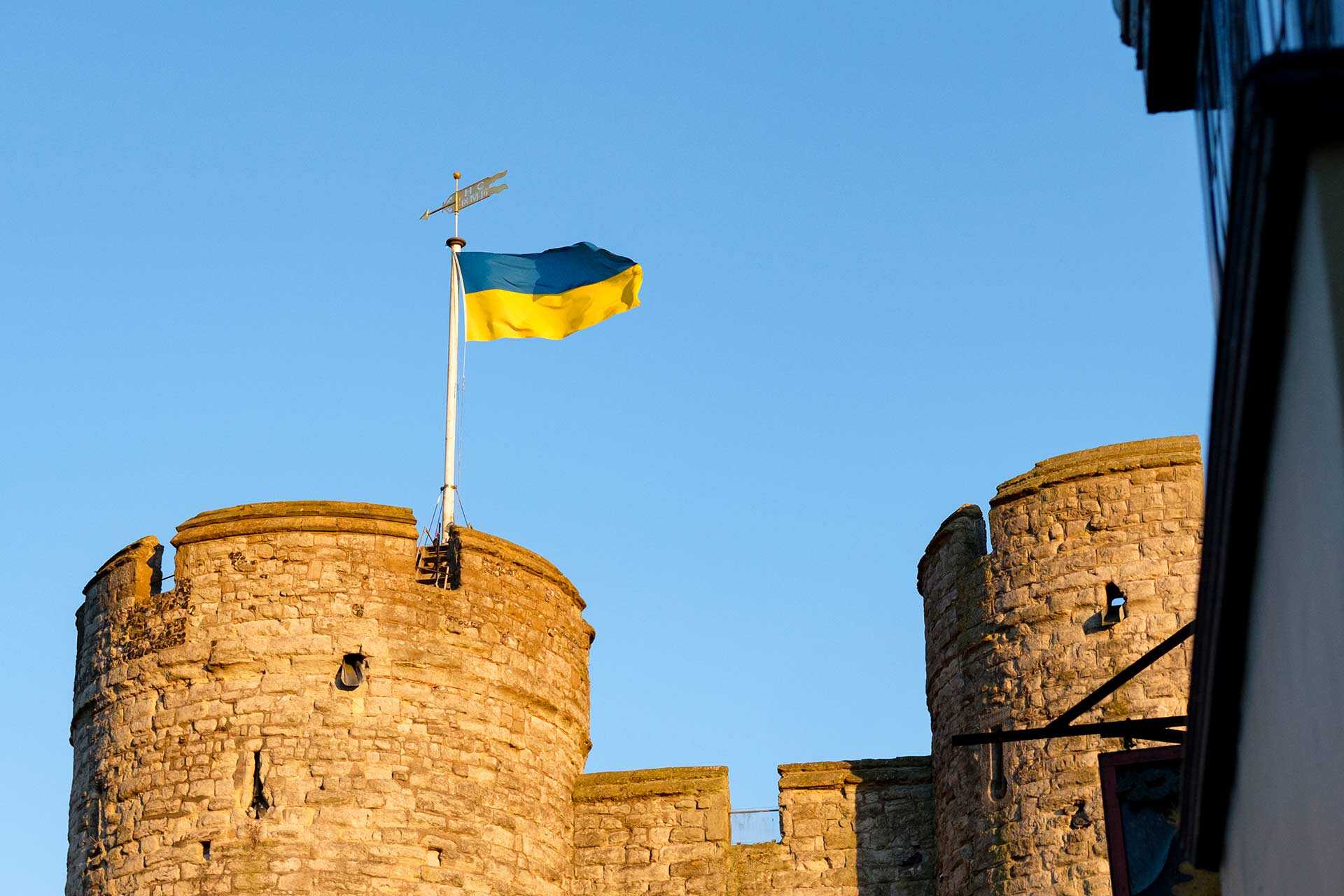 A Ukraine flag over Westgate towers