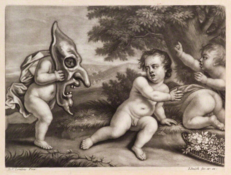 John Smith, Putto With Giant Mask Frightening Three Others after Balthazar van Lemens