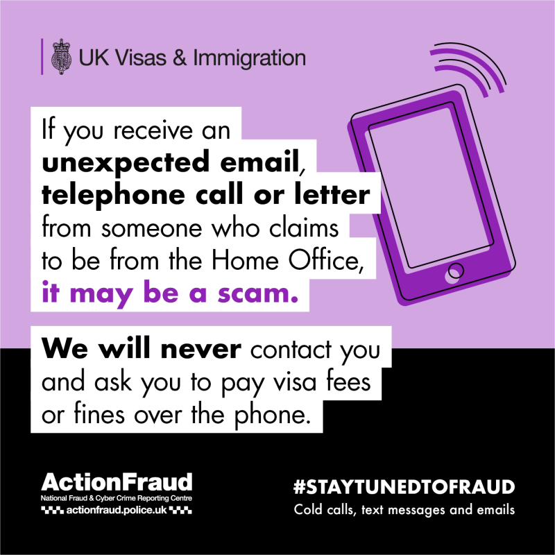 An Action Fraud poster warning that unexpected contact from the Home Office is likely to be a scam