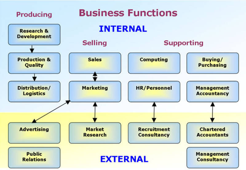 Flow chart showing how Internal and External Business Functions operate between production, support and sales departments
