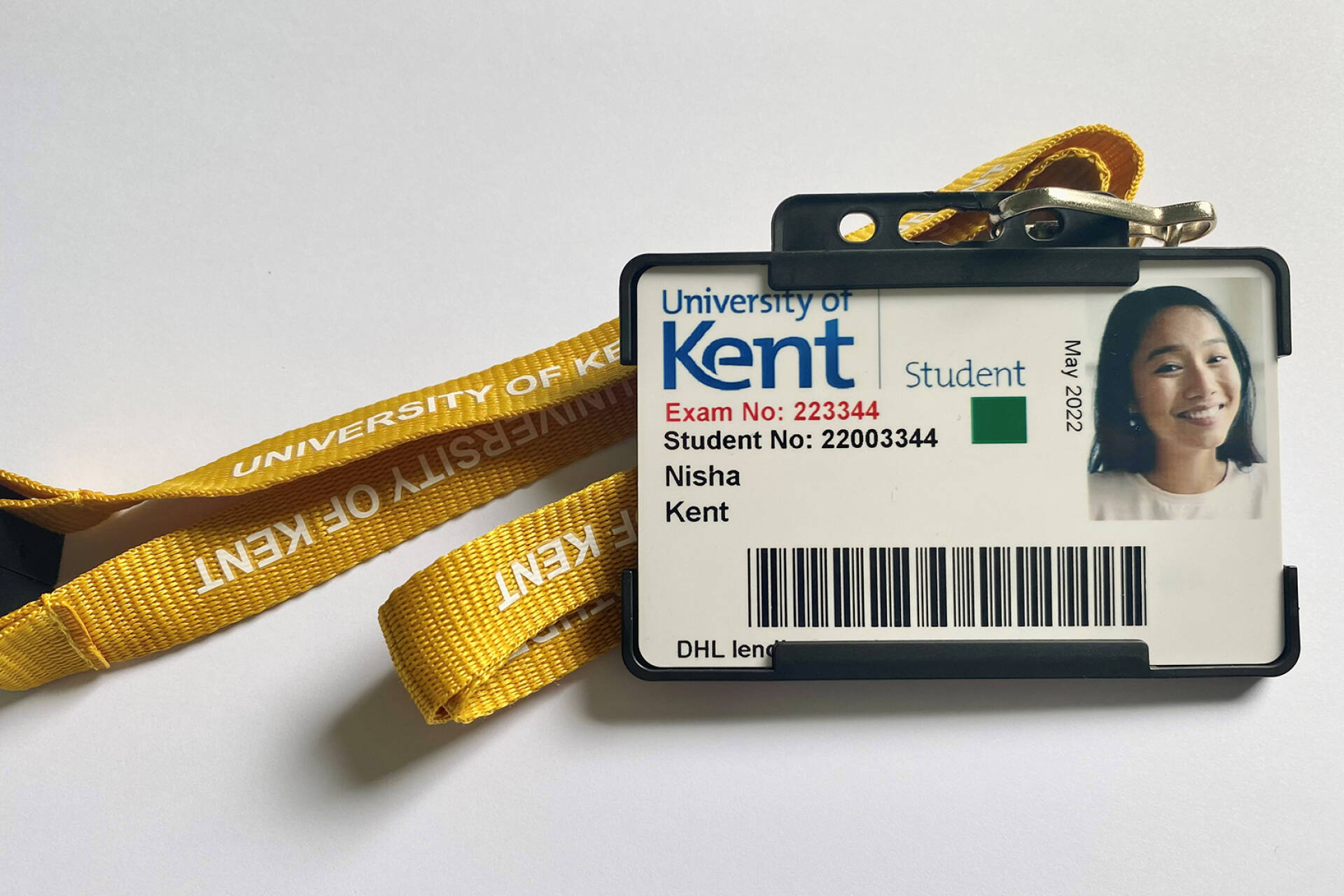 Example student KentOne card in University of Kent lanyard card holder