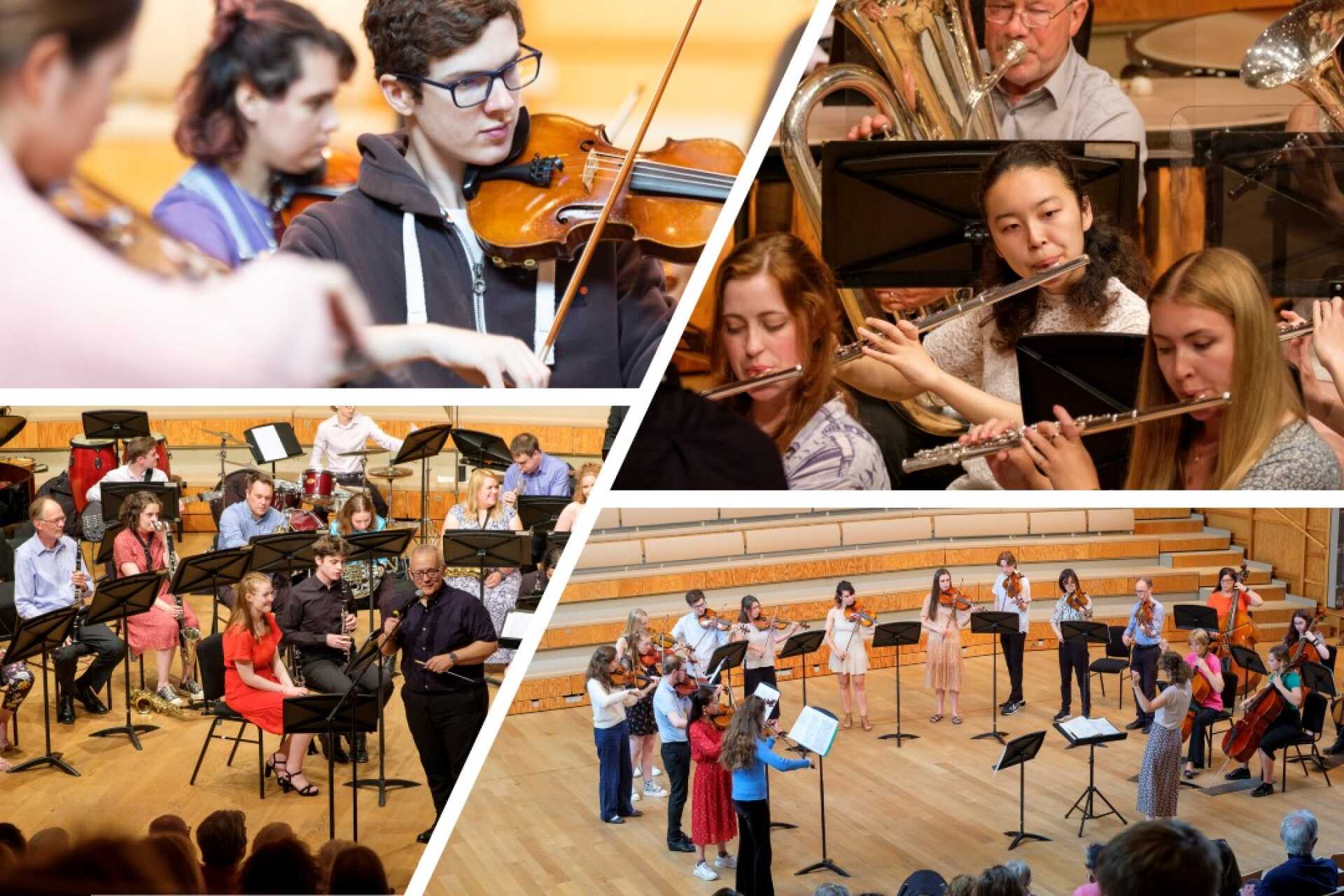 Montage of string and woodwind players performing in a concert-hall