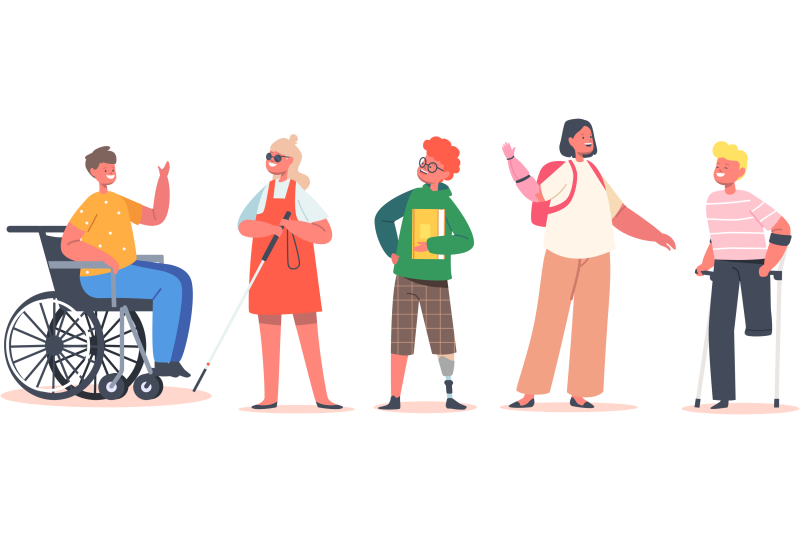 Image of diverse range of people smiling and chatting. Depicts a wheelchair user, a white-stick user and a crutches user