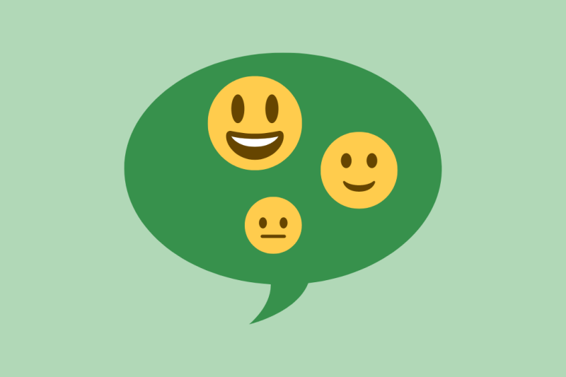 Green speech bubble containing three yellow emoji faces with different expressions.