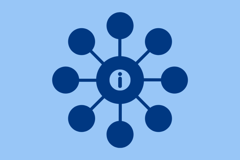 Blue icon showing a network diagram with a letter 'I' in the centre, representing information.