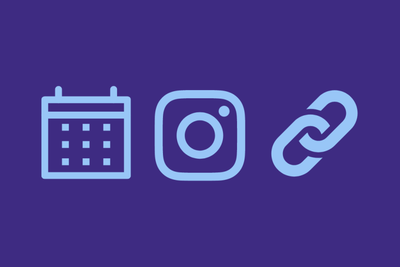 Calendar, Instagram, and hyperlink icons arranged in a horizontal line in blue on a purple background.
