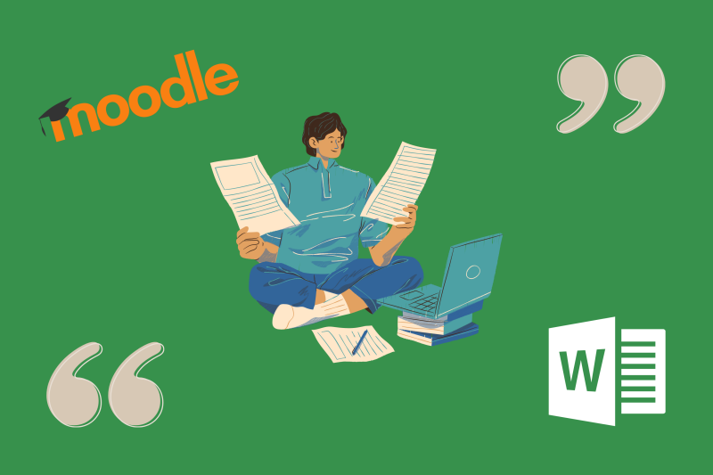 Decorative illustration of a student starting an assignment, surrounded by logos of Moodle and Microsoft Word.