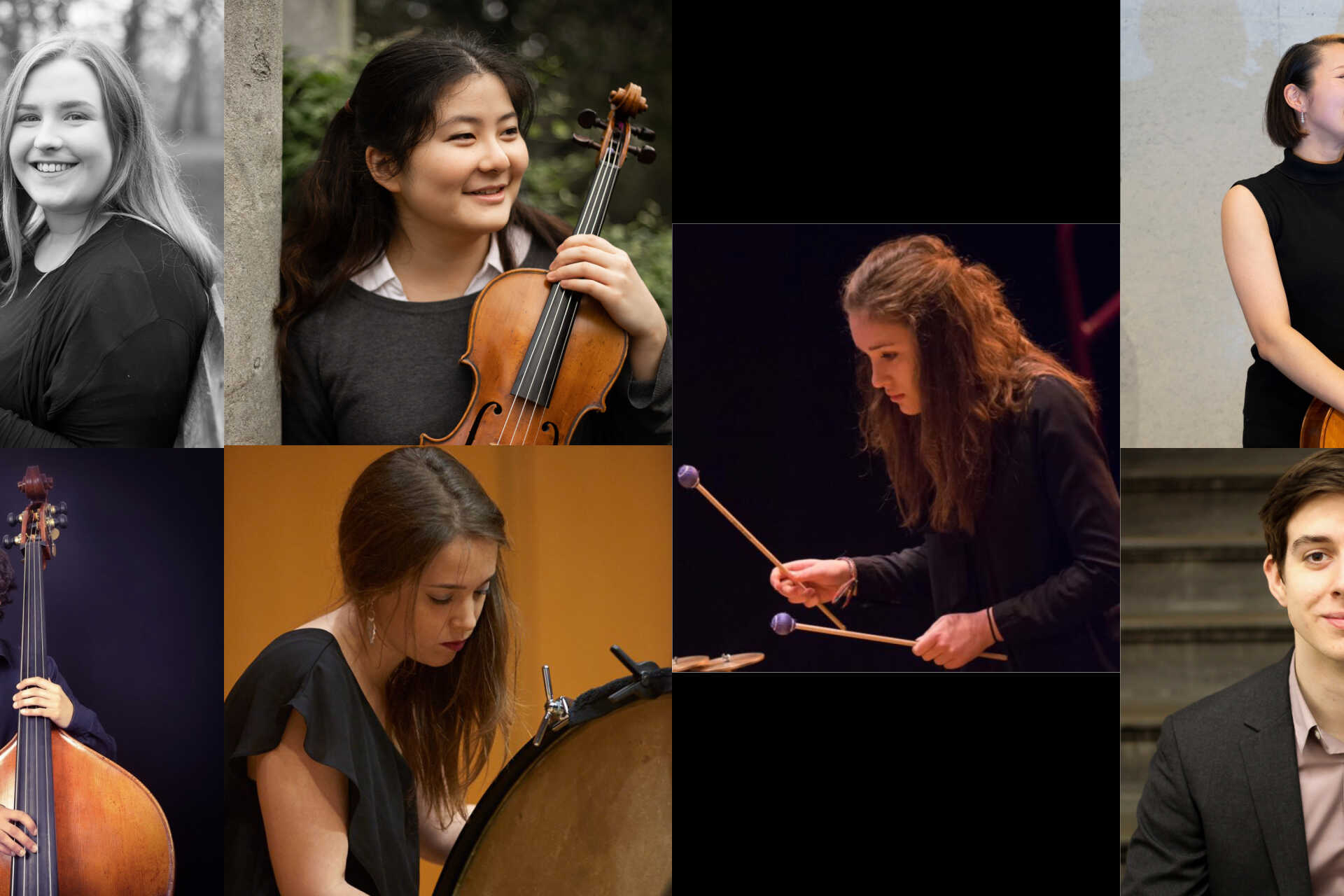 Head-shots of various young musicians with either string instruments or percussion
